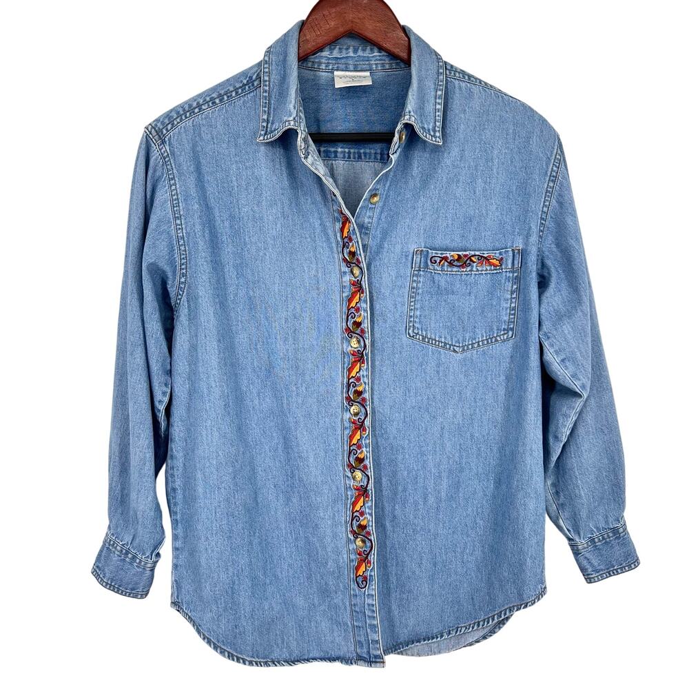 Style Studio Sz Small Vintage Look Denim Chambray Fall Pumpkin Autumn Shirt Top
